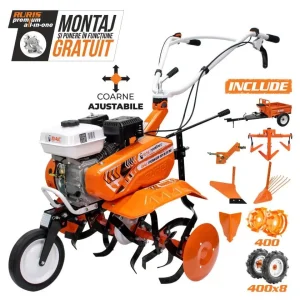 Motosapă RURIS DAC 7000 ACC4, 7 CP, roți cauciuc 4.00-8, include model RURIS 7000K și accesorii ACC4: rariță, plug, adaptor, dispozitiv scos cartofi, roți metalice 400 fără manicot, cultivator, remorcă Ruris 450S pe stoc la RURIS Brasov