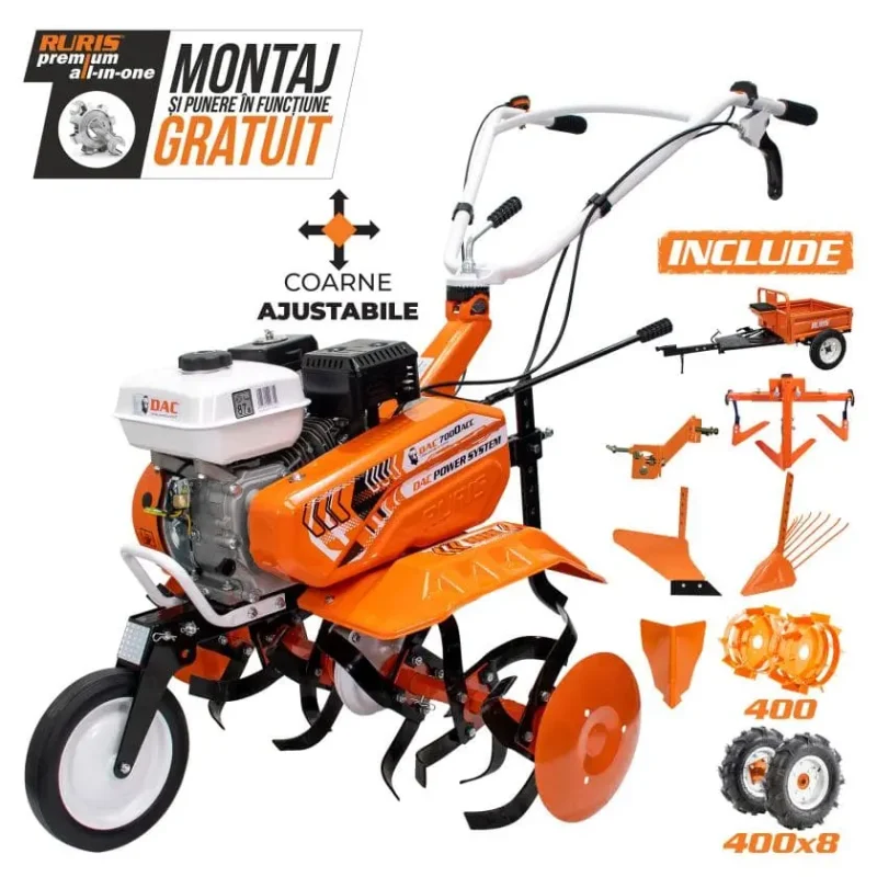 Motosapă RURIS DAC 7000 ACC4, 7 CP, roți cauciuc 4.00-8, include model RURIS 7000K și accesorii ACC4: rariță, plug, adaptor, dispozitiv scos cartofi, roți metalice 400 fără manicot, cultivator, remorcă Ruris 450S pe stoc la RURIS Brasov