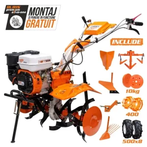 Motosăpătoare profesională RURIS 731ACC1, 8.5 CP, roți cauciuc 5.00-8, include model RURIS 731K și conține accesorii: rariță, plug, adaptor, dispozitiv scos cartofi, roți metalice 400 fără manicot, cultivator, set contragreutăți 10 kg