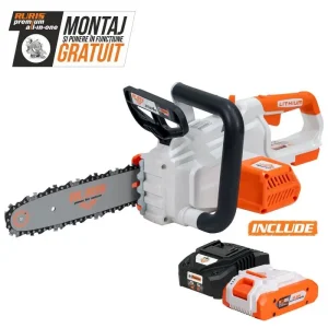 Electroferăstrău pe acumulator / drujbă / fierăstrău electric cu lanț pe acumulator Ruris 2524e, 20 V, lamă 25 cm, lanț 3/8 Power Alfa UP, conține: acumulator + încărcător