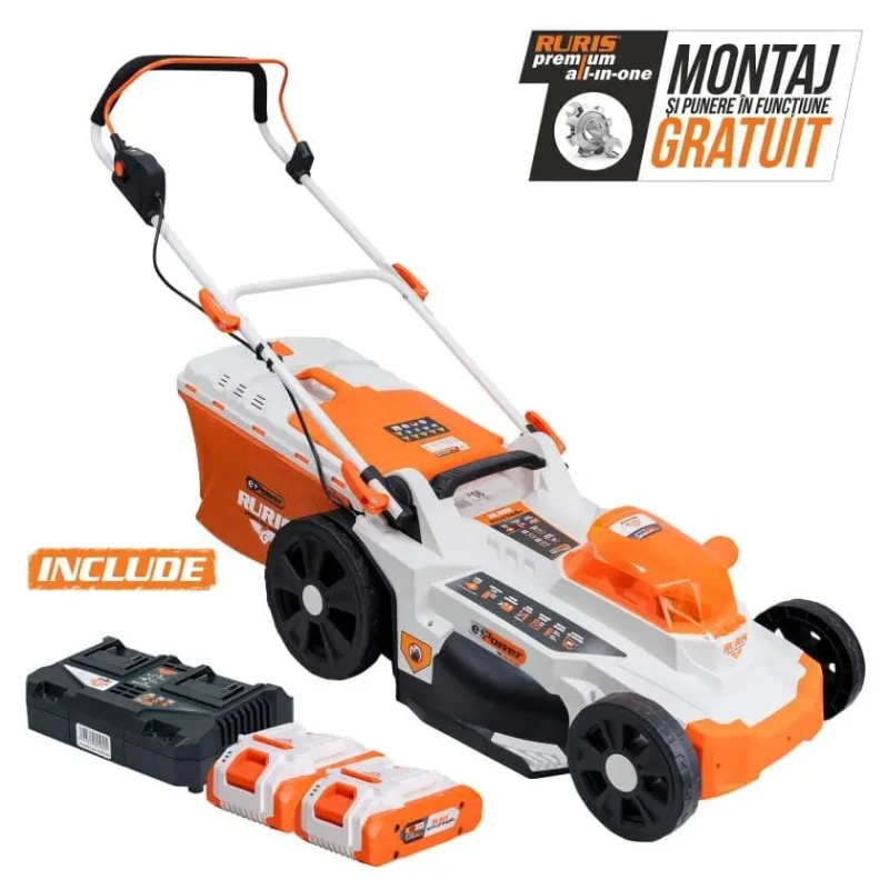 masina-de-tuns-gazon-iarba-cu-acumulator-RURIS-RXI4344e-Power-Alfa-UP-1 Mașină de tuns gazon/iarbă pe acumulator RURIS RXI 4344E Power Alfa UP, 2 x 20 V, lățime tăiere 43 cm, înălțime tăiere 25 – 75 mm, funcție de mulcire, sac colector 50 L, include: încărcător + 2 acumulatori 20 V 4.0 Ah