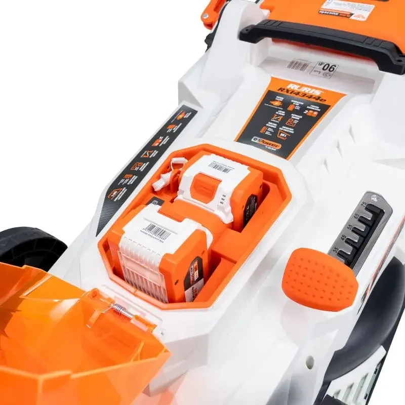 masina-de-tuns-gazon-iarba-cu-acumulator-RURIS-RXI4344e-Power-Alfa-UP-4 Mașină de tuns gazon/iarbă pe acumulator RURIS RXI 4344E Power Alfa UP, 2 x 20 V, lățime tăiere 43 cm, înălțime tăiere 25 – 75 mm, funcție de mulcire, sac colector 50 L, include: încărcător + 2 acumulatori 20 V 4.0 Ah