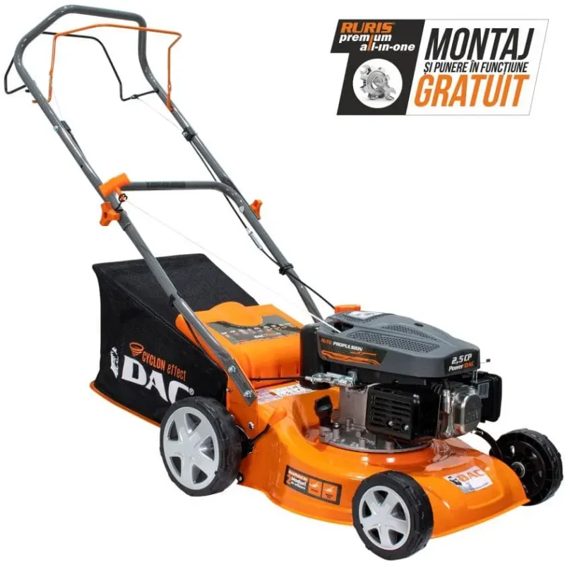 masina-de-tuns-gazon-iarba-pe-benzina-RURIS-Dac-110XL-putere-2-5-CP-7 Mașina de tuns gazon/iarbă pe benzină RURIS DAC 110XL, putere 2.5 CP, 79 CC, 4 timpi, 40 cm lățime lucru, 5 trepte de tăiere, înălțime tăiere 25–65 mm, sac colector 45 L