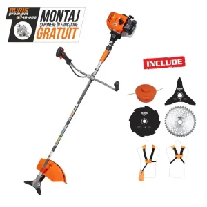 Motocoasă de tuns gazon/iarbă pe benzină Ruris DAC 210, putere 1.7 CP, motor TEZ, 2 timpi, diametru tăiere 20 cm, conține: bobină fir + disc 3 lame