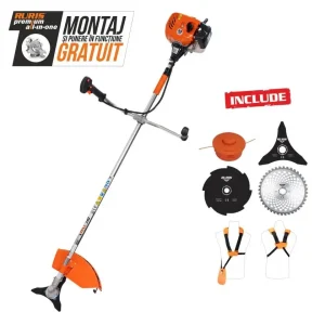 Motocoasă de tuns gazon/iarbă pe benzină Ruris DAC 310, putere 2.5 CP, motor TEZ, 2 timpi, diametru tăiere 20 cm, conține: bobină fir + disc 3 lame