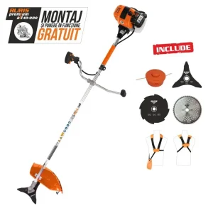 Motocoasă de tuns gazon/iarbă pe benzină Ruris DAC 510, putere 3.5 CP, 62 CC, motor TEZ, 2 timpi, diametru tăiere 21 cm, conține: bobină fir + disc 3 lame + disc 8 dinți + disc 80 dinți Vidia