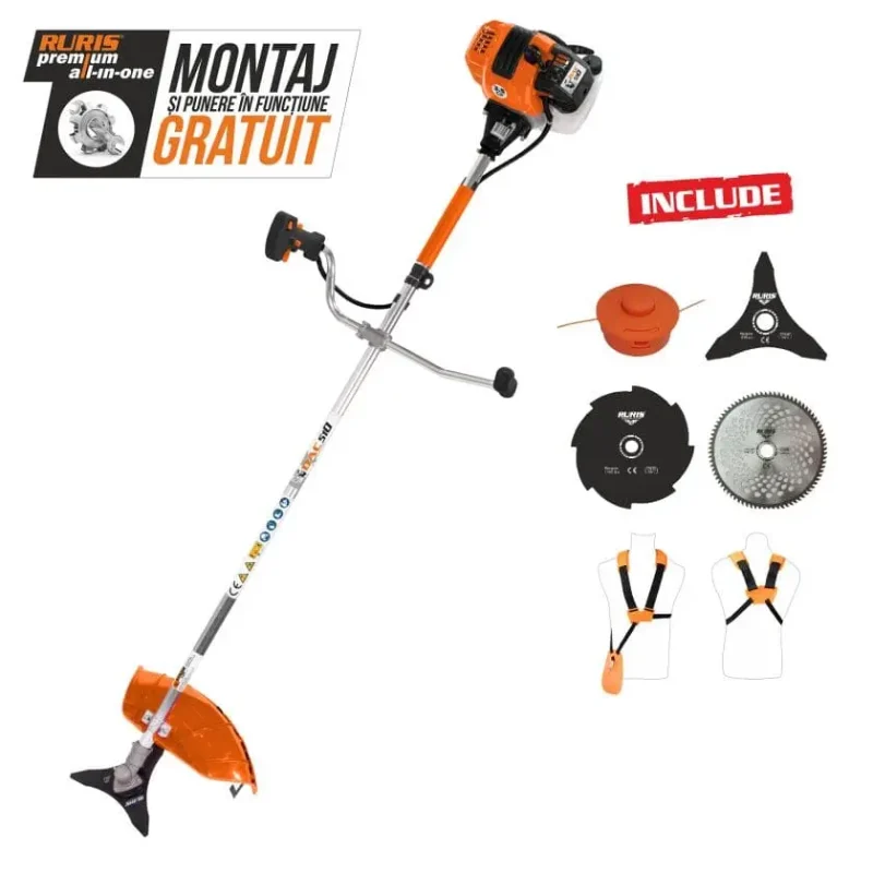 Motocoasă de tuns gazon/iarbă pe benzină Ruris DAC 510, putere 3.5 CP, 62 CC, motor TEZ, 2 timpi, diametru tăiere 21 cm, conține: bobină fir + disc 3 lame + disc 8 dinți + disc 80 dinți Vidia