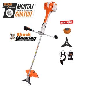 Motocoasă de tuns gazon/iarbă pe benzină Ruris DAC 510, putere 3.5 CP, 62 CC, motor TEZ, 2 timpi, diametru tăiere 21 cm, conține: bobină fir + disc 3 lame + disc 8 dinți + disc 80 dinți Vidia