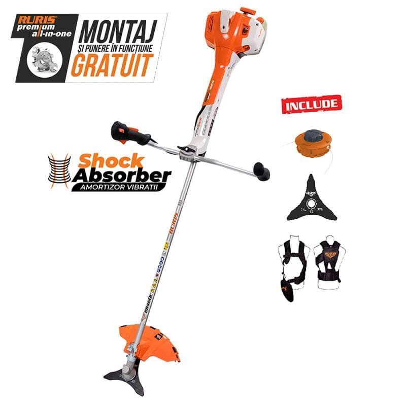 Motocoasă de tuns gazon/iarbă pe benzină Ruris DAC 510, putere 3.5 CP, 62 CC, motor TEZ, 2 timpi, diametru tăiere 21 cm, conține: bobină fir + disc 3 lame + disc 8 dinți + disc 80 dinți Vidia