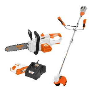 Pachet Gospodarul Eficient - conține: Motocoasă RURIS 3024e + Electroferăstrău RURIS 2524e + Kit acumulator + încărcător RURIS Alfa Up 2424e