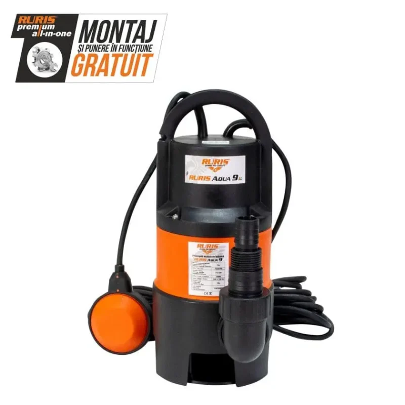 Pompă submersibilă apă murdară RURIS Aqua 9, 750 W, 12.5 m³/h debit apă, 8 m înălțime refulare, 35°C temperatură maximă, 10 m lungime cablu