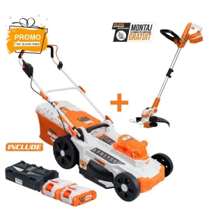 Pachet complet îngrijire gazon RURIS: Mașină de tuns gazon/iarbă pe acumulator RURIS RXI 4344E Power Alfa UP care include încărcător și 2 acumulatori 20 V 4.0 Ah+ Trimmer RURIS 2024E