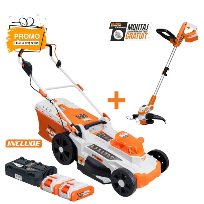 Pachet-promo-RURIS-Brasov-masina-de-tuns-iarba-si-trimmer-RURIS Pachet complet îngrijire gazon RURIS: Mașină de tuns gazon/iarbă pe acumulator RURIS RXI 4344E Power Alfa UP care include încărcător și 2 acumulatori 20 V 4.0 Ah+ Trimmer RURIS 2024E