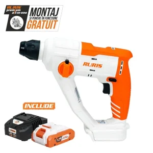 Ciocan rotopercutor RURIS RMX1210, cu acumulator 20V, 1.5J, 900 rpm, 5100 bpm, mandrină SDS Plus, 3 burghie incluse, LED, găurire și găurire cu percuție, viteză variabilă, schimbare sens rotație
