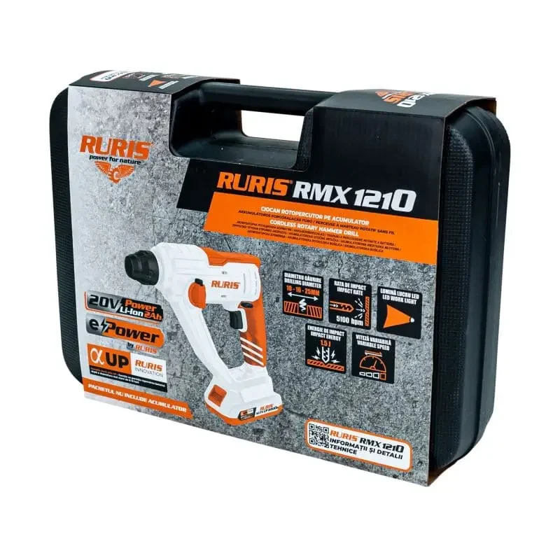 ciocan-rotopercutor-pe-acumulator-ruris-rmx-1210-ruris-brasov-ruristransilvania-_4_ Ciocan rotopercutor RURIS RMX1210, cu acumulator 20V, 1.5J, 900 rpm, 5100 bpm, mandrină SDS Plus, 3 burghie incluse, LED, găurire și găurire cu percuție, viteză variabilă, schimbare sens rotație