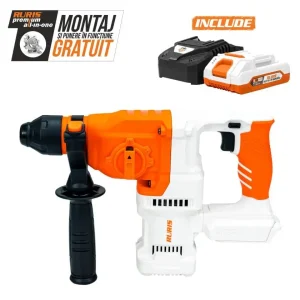 Ciocan rotopercutor pe acumulator RURIS RMX2813 Power Alfa UP, motor fără perii, acumulator 20V 4Ah și încărcător incluse, 1150 rpm, 5100 bpm, energie de impact 2.8 J, mandrină SDS Plus, LED, 3 burghie incluse, greutate 2.7 kg