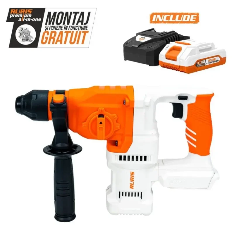 ciocan-rotopercutor-pe-acumulator-ruris-rmx-2813-power-alfa-up-contine-acumulator-4ah-incarcator-rur-6 Ciocan rotopercutor pe acumulator RURIS RMX2813 Power Alfa UP, motor fără perii, acumulator 20V 4Ah și încărcător incluse, 1150 rpm, 5100 bpm, energie de impact 2.8 J, mandrină SDS Plus, LED, 3 burghie incluse, greutate 2.7 kg