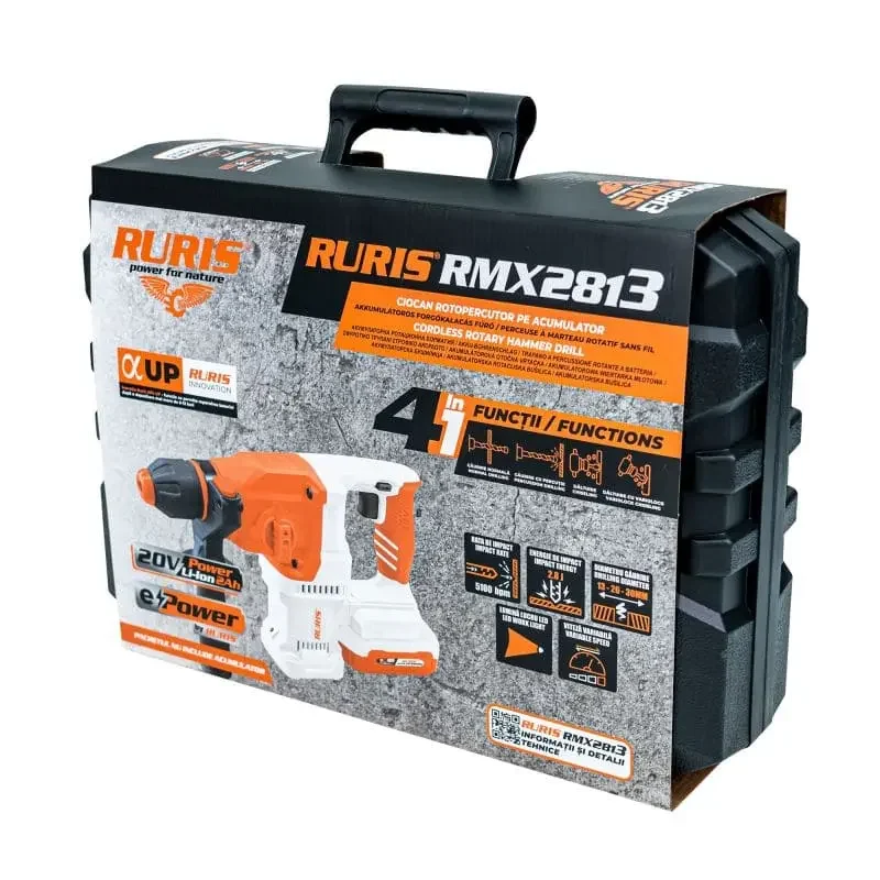 ciocan-rotopercutor-pe-acumulator-ruris-rmx-2813-ruris-brasov-ruristransilvania-_3_ Ciocan rotopercutor pe acumulator RURIS RMX2813, motor fără perii, 1150 rpm, 5100 bpm, energie de impact 2.8 J, mandrină SDS Plus, funcții dăltuire/percuție, LED, 3 burghie incluse, fără acumulator și încărcător
