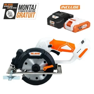 Ferăstrău circular pe acumulator RURIS RMX3140 Power Alfa UP, motor fără perii, acumulator 20V 4Ah și încărcător incluse, 6800 rpm, disc 140 mm, adâncime tăiere 50 mm, unghi reglabil 0°–45°, LED, greutate 1.8 kg