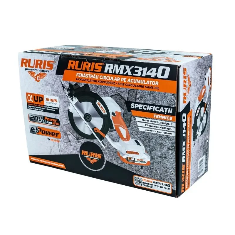 ferastrau-circular-pe-acumulator-ruris-rmx-3140-ruris-brasov-ruristransilvania-_4_ Ferăstrău circular RURIS RMX3140 pe acumulator, motor fără perii, 6800 rpm, disc 140 mm, adâncime tăiere 50 mm, unghi reglabil 0°–45°, LED, greutate 1.8 kg
