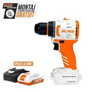 Mașină de găurit/înșurubat RURIS RMX1240, pe acumulator, motor electric fără perii, 20V, 2 trepte viteză, LED, accesorii incluse