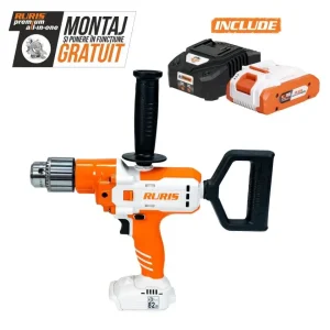 Mașină de găurit multifuncțională RURIS RMX1390 Power Alfa UP, cu motor fără perii, acumulator 20V 4Ah și încărcător incluse, cuplu 130 Nm, 2 viteze (0-300 / 0-1200 rpm), mandrină 3–16 mm, burghie incluse, lumină LED