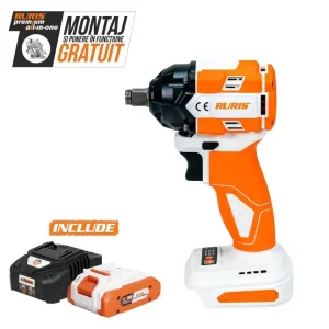 Mașină de înșurubat cu impact RURIS RMX3500, motor fără perii, acumulator 20V 2Ah, cuplu maxim 350 Nm, 3300 bpm, 0–2400 rpm, lumină LED, sens reversibil, șuruburi M8–M18, tehnologie Reversal Stop, fără fir