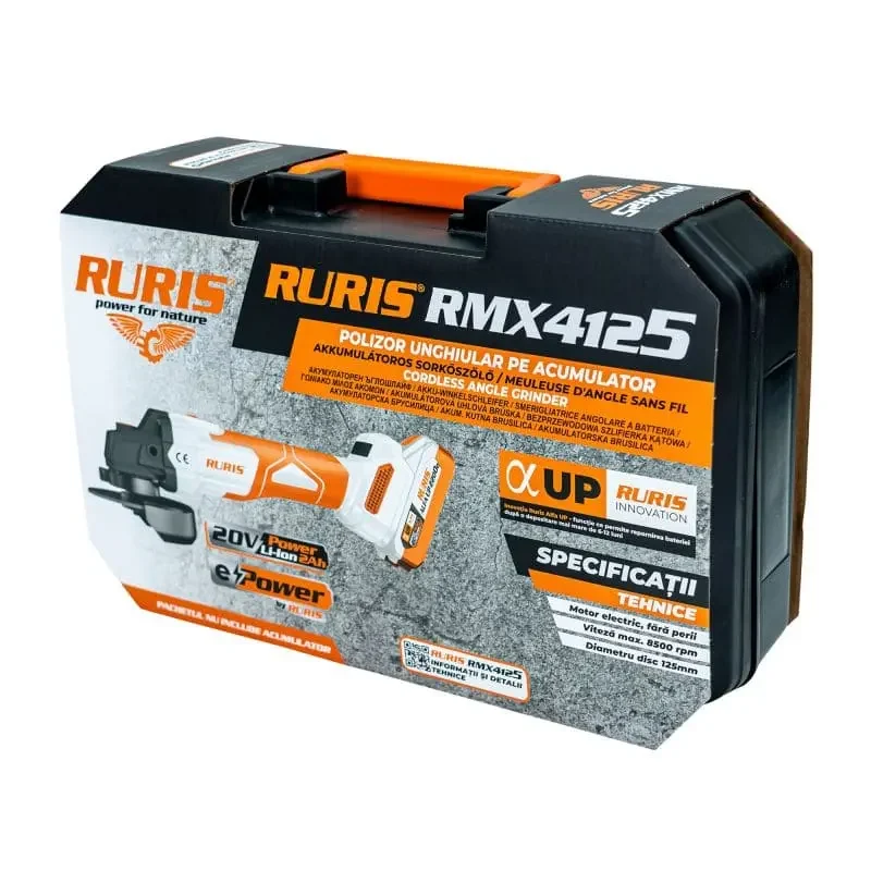 polizor-unghiular-pe-acumulator-ruris-rxm-4125-ruris-brasov-ruristransilvania-_7_ Polizor unghiular pe acumulator RURIS RMX4125, motor fără perii, 2 trepte viteză (2600/8500 rpm), diametru disc 125 mm, indicator nivel baterie, apărătoare reglabilă, mâner lateral cu 2 poziții, greutate 1.6 kg