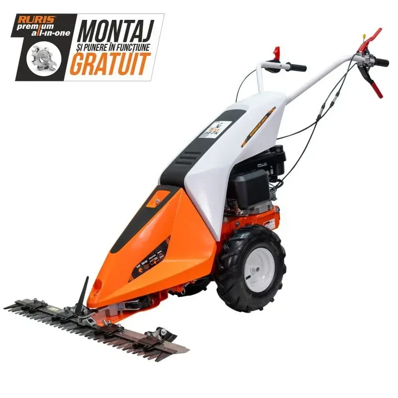 Motocositoare RURIS DAC 777K cu masă de cosit 870 mm, motor Loncin 4 timpi, 5 CP, 159 cc, autopropulsie (osie motoare), transmisie cap lamă tip bielă, lamă cu cuțite profesională, pornire manuală, aprindere electronică