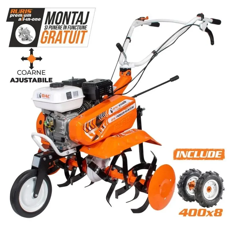 Motosapă semiprofesională RURIS DAC 6500K + set roți cauciuc 4.00-8 TS103 (400x8), motor General Engine 4T, 7 CP, 208 cc, 2 viteze înainte + 1 înapoi, lățime lucru 560–830 mm, adâncime max. 290 mm, rezervor 3 l
