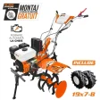Motosăpătoare DAC 185 PRO, motor 8.5 CP, transmisie pe pinioane în baie de ulei, lățime reglabilă 610–930 mm, adâncime max. 340 mm și roți mari pentru stabilitate crescută.