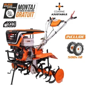 Motosăpătoare profesională RURIS 913 K, motor 13 CP, freze reglabile 750–1100 mm, transmisie pe pinioane conice în ulei, iluminare LED și compatibilitate cu multiple accesorii.