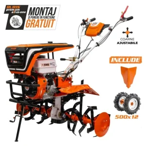 Motosăpătoare profesională RURIS 915K, motor 15 CP, freze reglabile 750–1100 mm, transmisie pe pinioane conice, far de lucru și compatibilitate cu multiple accesorii agricole.
