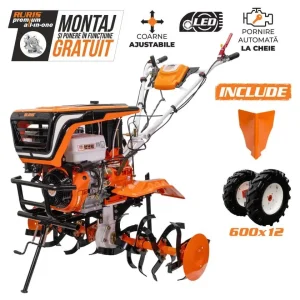 Motosăpătoare profesională RURIS 918K, motor 18 CP, freze cu lățime reglabilă 750–1100 mm, pornire la cheie, transmisie pe pinioane conice și compatibilitate cu multiple accesorii.