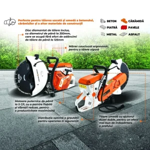 Tăietor beton asfalt metal RURIS RTX800, motor General Engine 2 timpi, 5 CP, 74 cc, turație max. 8500 RPM, disc 350 mm, adâncime tăiere 125 mm, viteză disc 4800 r/min, rezervor 1000 ml