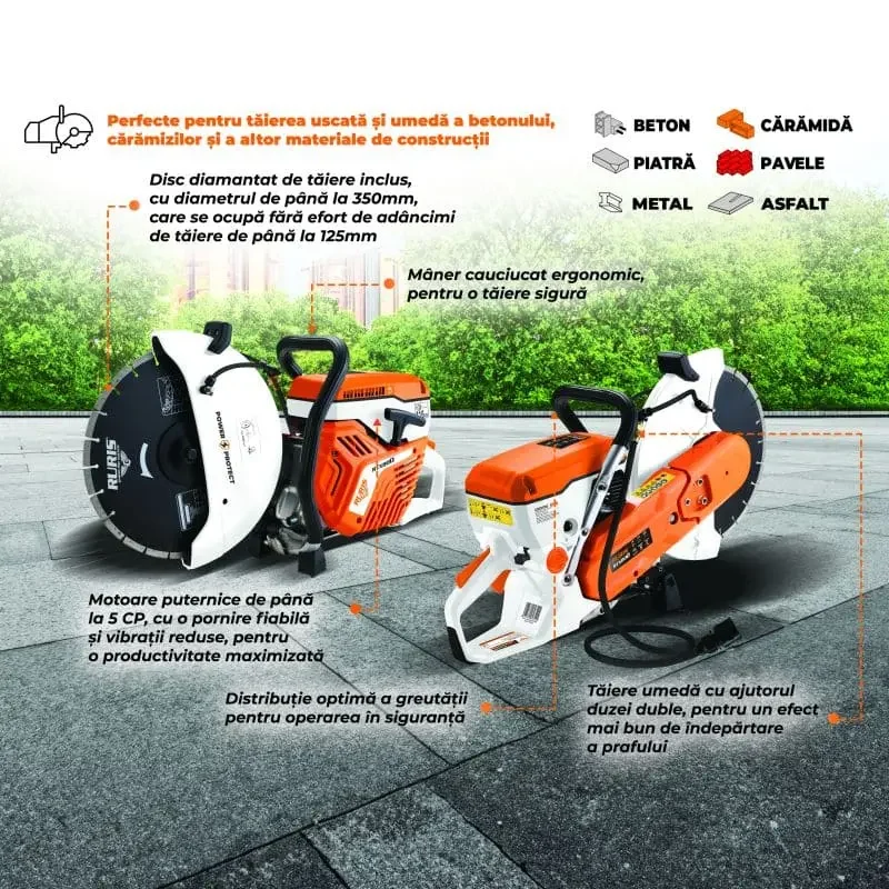 taietor-beton-asfalt-metal-ruris-rtx800-motor-general-engine-2-timpi-5-cp-74-cc-8500-rpm-_2_ Tăietor beton asfalt metal RURIS RTX800, motor General Engine 2 timpi, 5 CP, 74 cc, turație max. 8500 RPM, disc 350 mm, adâncime tăiere 125 mm, viteză disc 4800 r/min, rezervor 1000 ml