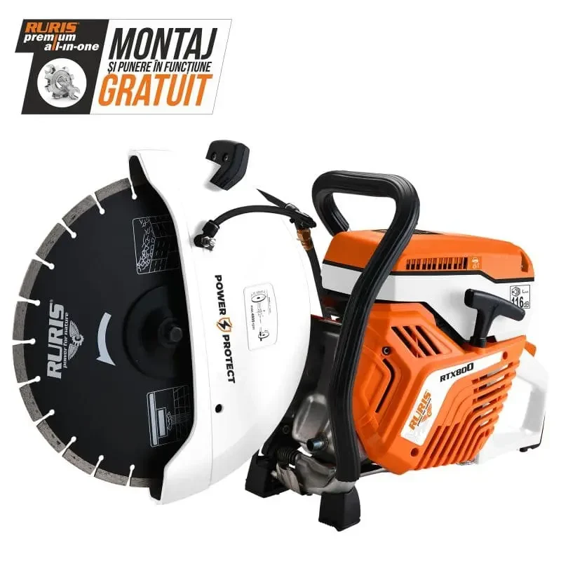 Tăietor beton asfalt metal RURIS RTX800, motor General Engine 2 timpi, 5 CP, 74 cc, turație max. 8500 RPM, disc 350 mm, adâncime tăiere 125 mm, viteză disc 4800 r/min, rezervor 1000 ml