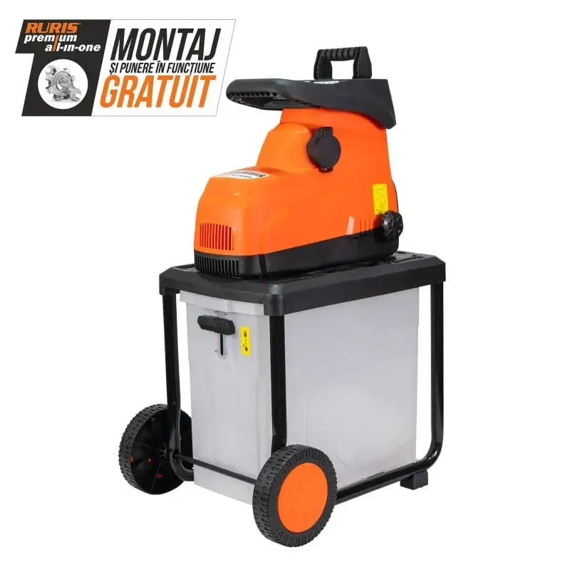 Tocător de crengi și resturi vegetale RURIS ST200S, motor electric 2800 W (2,8 kW), diametru maxim de tăiere 45 mm, viteză tăiere 42 rpm, coș colector 60 l cu închidere securizată