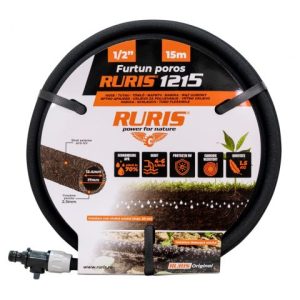 Furtun poros RURIS 1215, pentru irigare grădină, lungime 15 m, 1/2 inch, debit reglabil 4-6 L/min, cauciuc, protecție UV, conector cu supapă de control și adaptor robinet