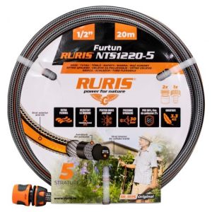 Furtun RURIS NTS1220-5, pentru irigare grădină, lungime 20 m, 1/2 inch, 5 straturi, tehnologie NTS, protecție UV, rezistent la răsucire, presiune spargere 30 bar
