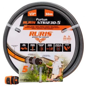 Furtun RURIS NTS1230-5, pentru irigare grădină, lungime 30 m, 1/2 inch, 5 straturi, tehnologie NTS, protecție UV, rezistent la răsucire, presiune spargere 30 bar