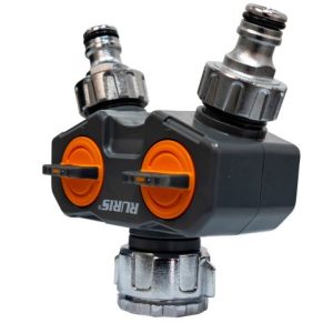 Racord 2 căi RURIS LUXURY ZN, pentru irigare grădină, presiune 4-6 bar, adaptor robinet zinc 3/4 inch și 1 inch, două adaptoare mamă 3/4 inch, ABS, zinc, PP și TPE