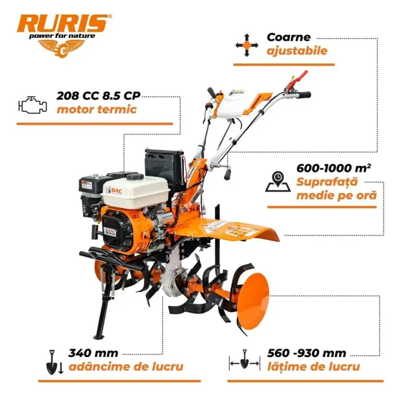 motosaptoare-pds-37-1920-1024-0-0-845_1 Motosăpătoare RURIS DAC 185 PRO, 8.5 CP, 208 cc, motor 4 timpi, pornire manuală și electrică la cheie, 2 viteze înainte + 1 înapoi, transmisie pe pinioane în baie de ulei, lățime de lucru 560 - 930 mm, roți 19x7-8