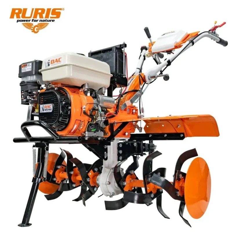 Motosăpătoare RURIS DAC 185 PRO, 8.5 CP, 208 cc, motor 4 timpi, pornire manuală și electrică la cheie, 2 viteze înainte + 1 înapoi, transmisie pe pinioane în baie de ulei, lățime de lucru 560 - 930 mm, roți 19x7-8