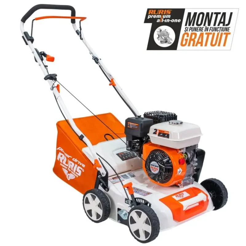 Scarificator gazon RURIS RXH 909, motor 4 timpi, 5.5 CP, capacitate 212 cc, lățime lucru 400 mm, sac colector 40 l, carcasă metalică, pornire manuală