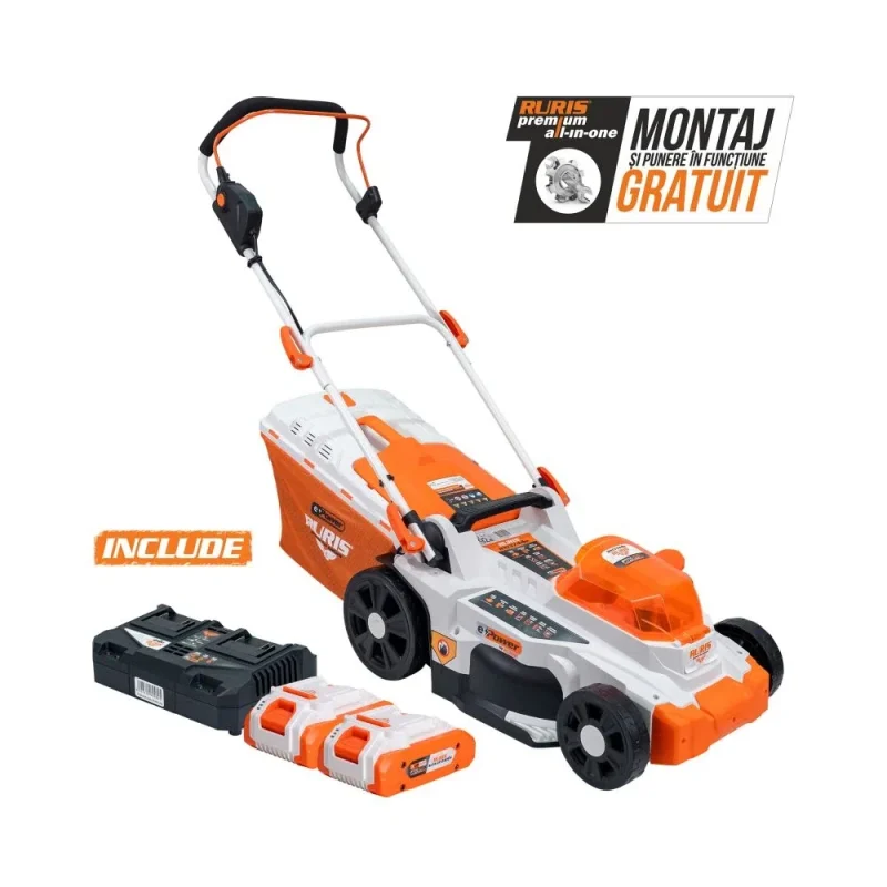 Mașină de tuns gazon pe acumulator RURIS RXI 3744e Power Alfa UP, 2 acumulatori + încărcător dublu, lățime tăiere 370 mm